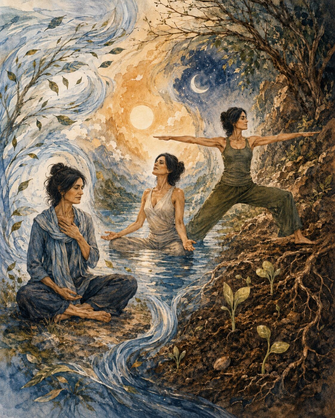 Tres maneras de practicar representando Vata, Pitta y Kapha