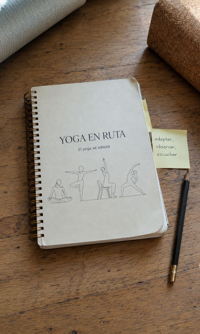 Cuaderno Yoga en ruta junto a una esterilla y un bloque